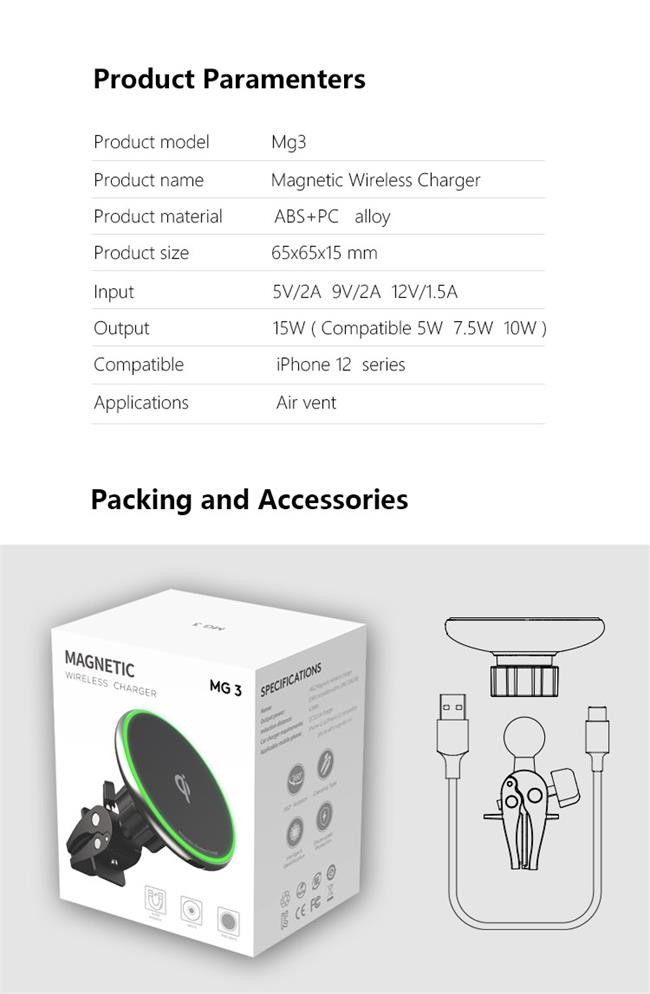 Metal 15w Qi Wireless Charger Portable Magsafe Car Phone Holder