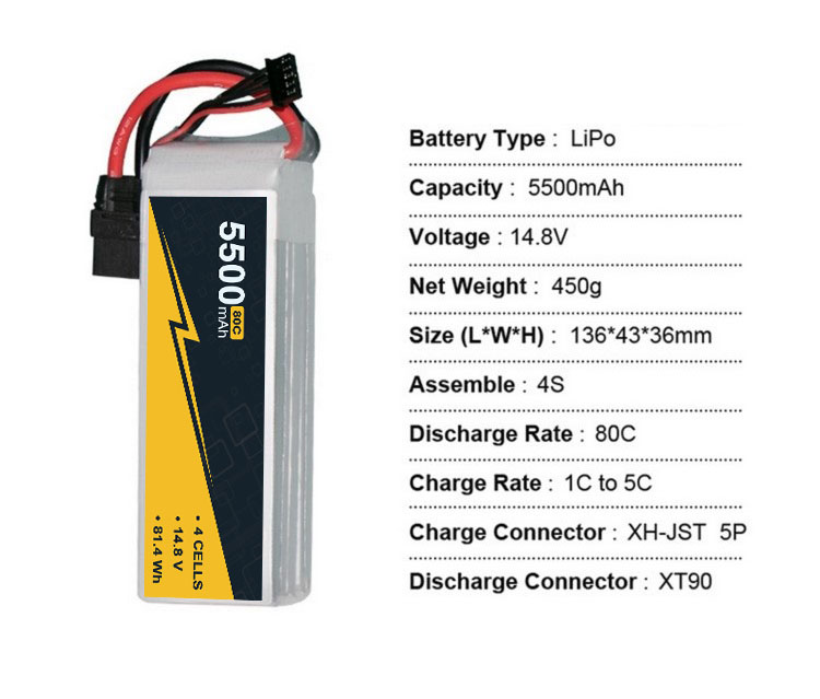 5500mAh 14.8V 4s1P 80C FPV Lipo Battery Rechargeable Light Weight