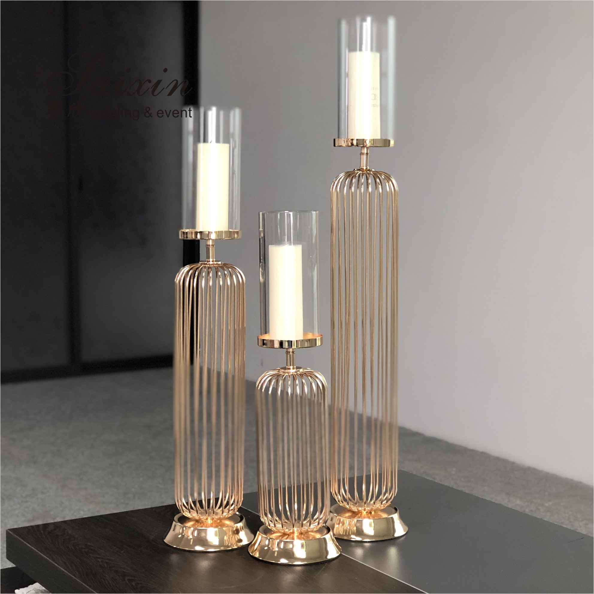 Three Piece Golden Tall Metal Candle Holders Set Candlesticks Small 45CM
