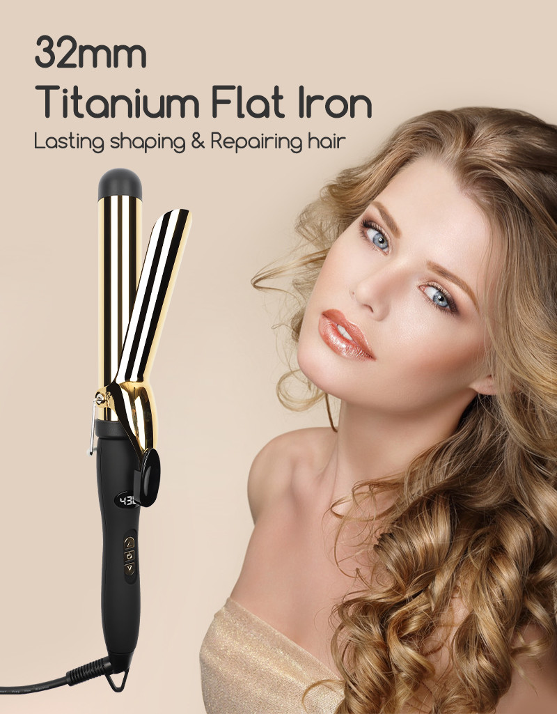 Ceramic Coating Barrel Curling Iron With Clamp Adjustable Temp LCD Display