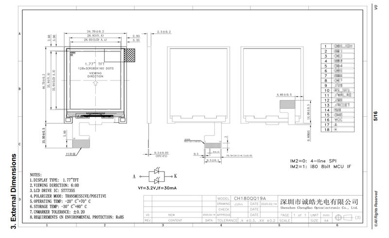1.77 Inch Custom LCD Display Module 128x160 Dots TFT LCD Screen