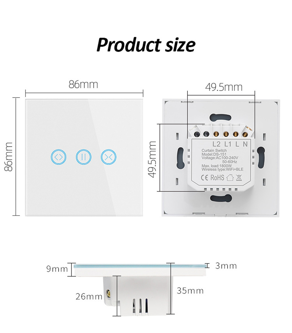 1800W Tuya Curtain Smart Wi-fi Programmable Switch Wall Concealed Installation App Remote Timing Voice Controls