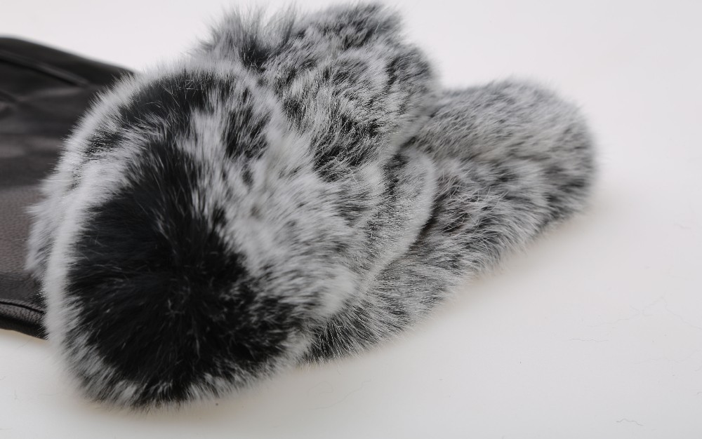 New Collection Fashion Genuine leather Rex Rabbit Fur Cuff Wool Lined Sheepskin Ladies Dress Gloves
