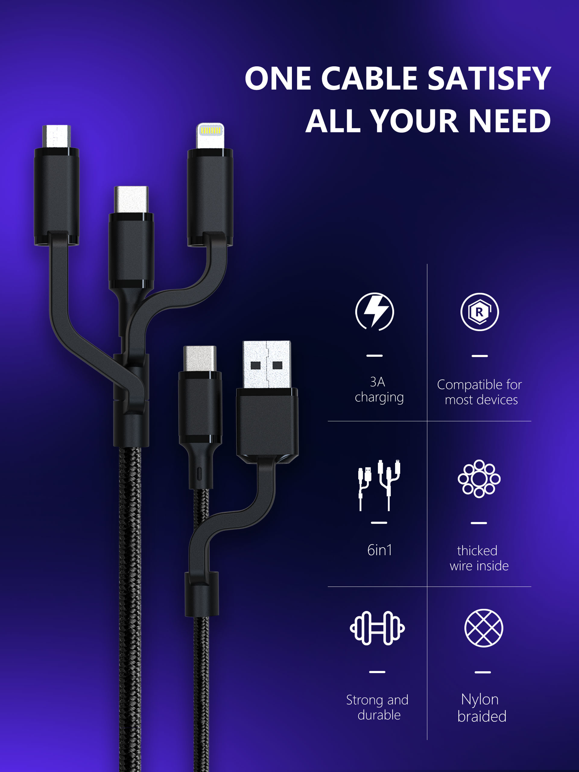 6 IN 1 Mobile 5G Lightning Usb C Micro Usb Cable TPE Shell