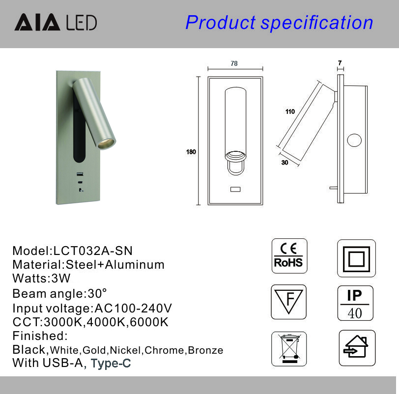 USB type-C 3W bedside reading wall light headboard wall lights hotel villa bed wall lamps rotate lamp
