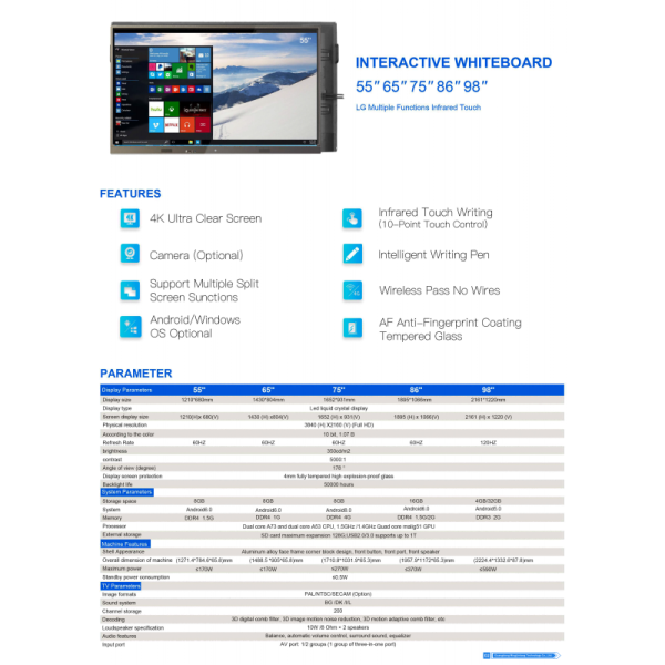 MJK Interactive Board 55 Inch 4K Resolution Custom Smart Whiteboard 20-Touch Dual OS Flat Panel All-in-One Company Conference