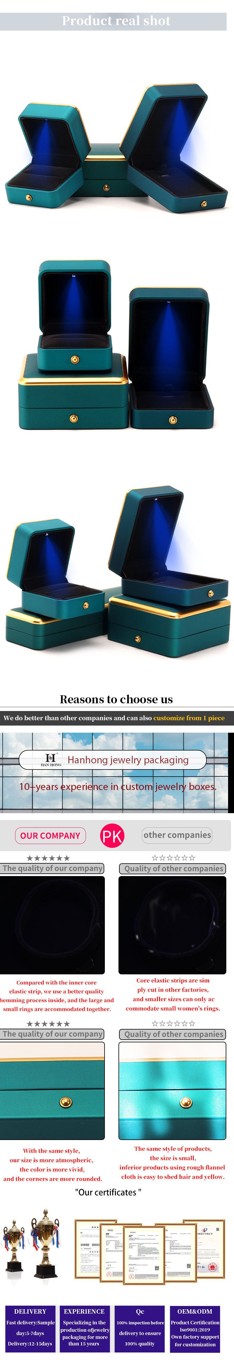 Light Green LED Plastic Velvet Jewelry Box for Custom in Square Luxury Elegant Style