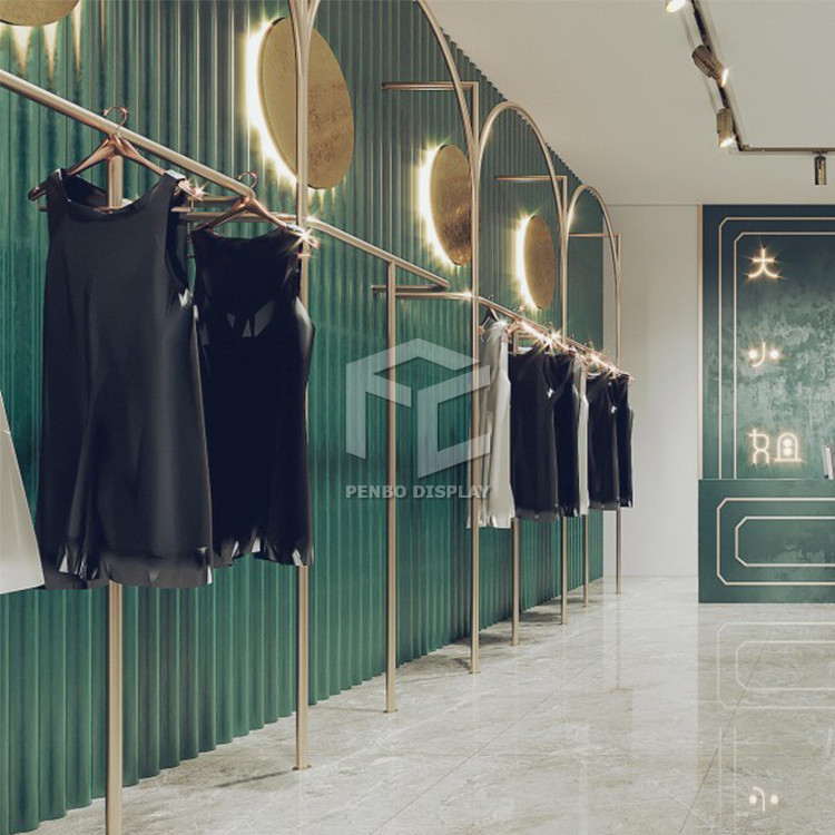 Lady Clothing Electroplate Boutique Display Racks Stands Customized