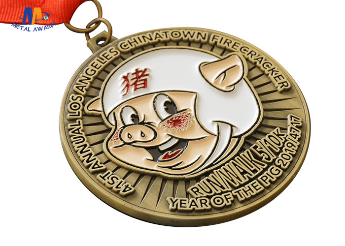 5K Running Race Medal With Pig Relief Antique Gold Plating Both Side Design