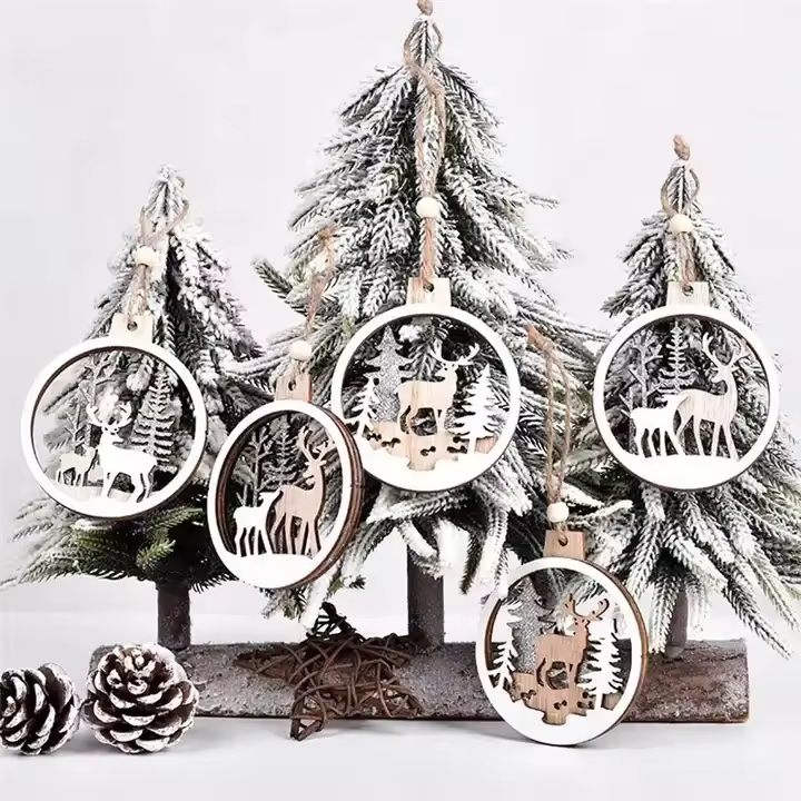 Wooden Christmas tree hanging ornaments create a Christmas family atmosphere