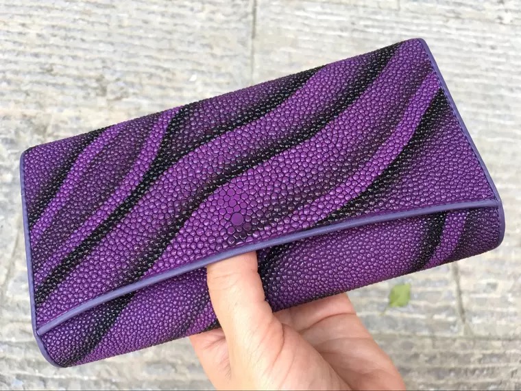 Authentic Stingray Skin Female Long Trifold Wallet Coin Case Genuine Leather Women Large Red Clutch Purse Lady Money Bag