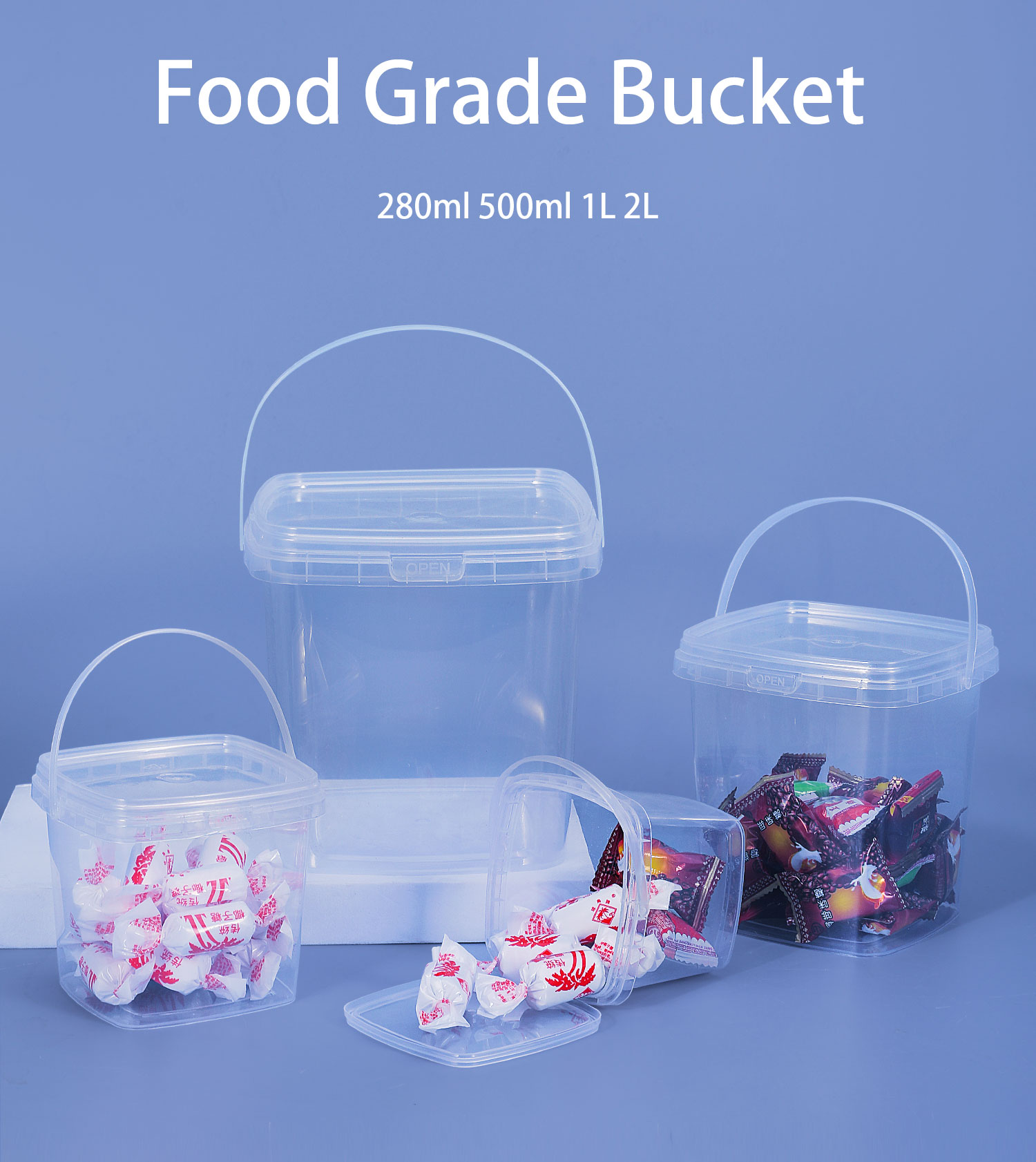 Capacity 280ml 500ml 1L 2L Food Grade Square Small Clear White Plastic Bucket BPA Free