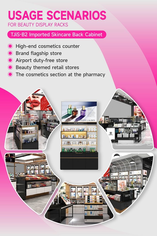 TJiS-B2 Shiny Silver Wallpaper Skincare Display Cabinet with 40mm Light Box