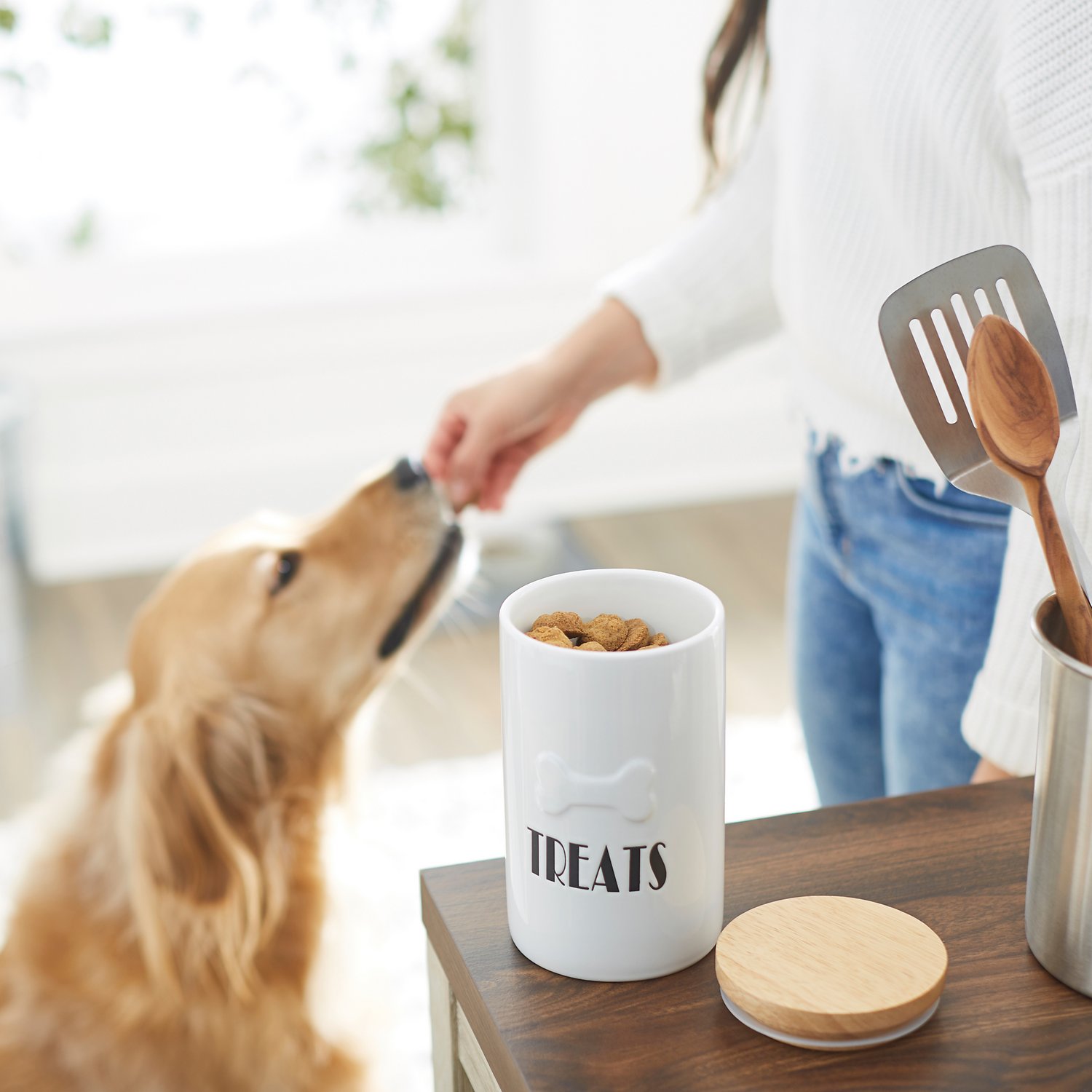 Cookie Biscuit Ceramic Dog Treat Jar , Ceramic Cat Treat Canister With Wood Lid