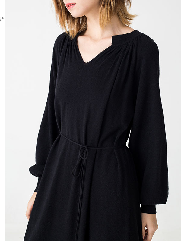 Autumn Women Clothing Black Midi Knit Dress