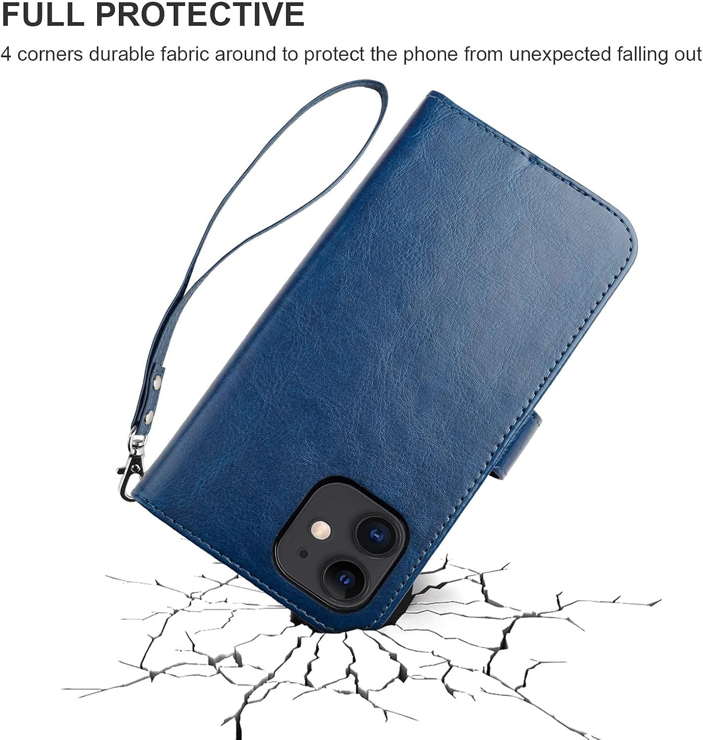 Compatible with iPhone 12/Pro wallet case with card holder PU leather stand shock-proof wrist strap clamshell 6.1-inch