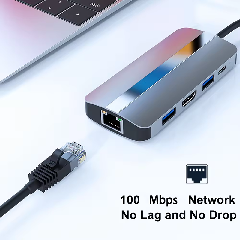 7 In 1 USB C USB-C Hub For Macbook Gray HDMI USB 3.0 USB2.0 RJ45 SD/TF Card Reader PD Output