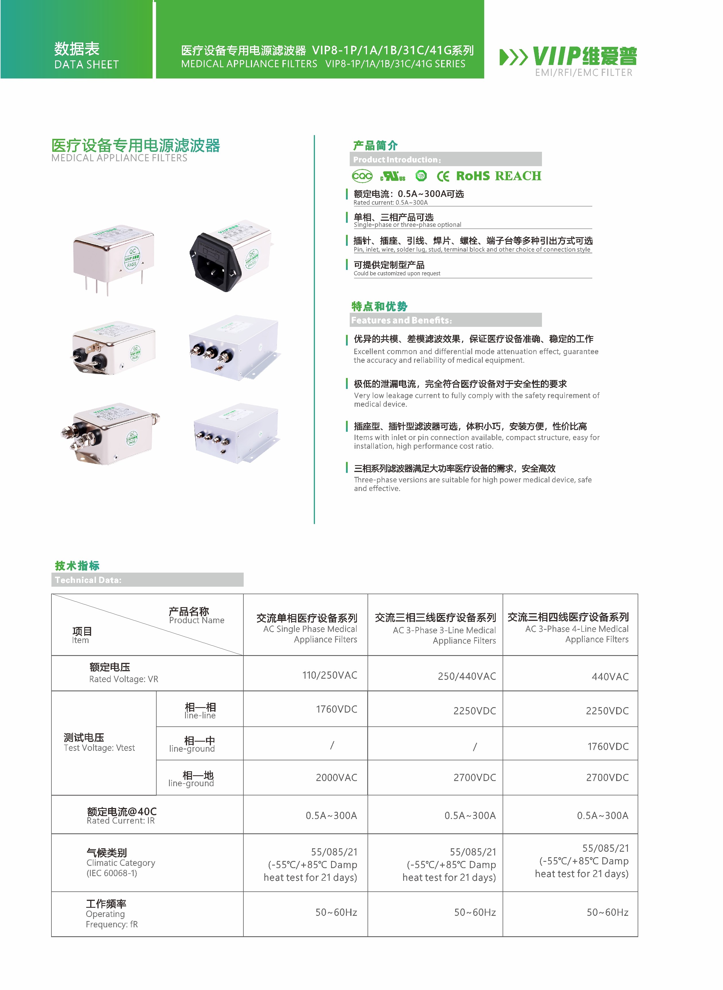 OEM Medical EMI Filters 0.5A-300A low pass filter for power supply