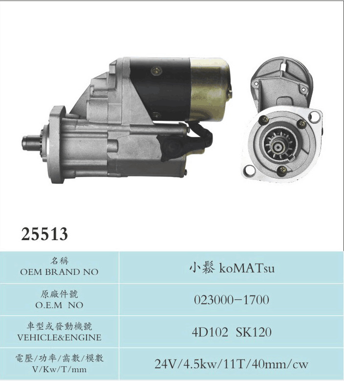 Automatic 24V 4.5KW Nippondenso Starter Motor KOMATSU 023000-1700 4D102 SK120