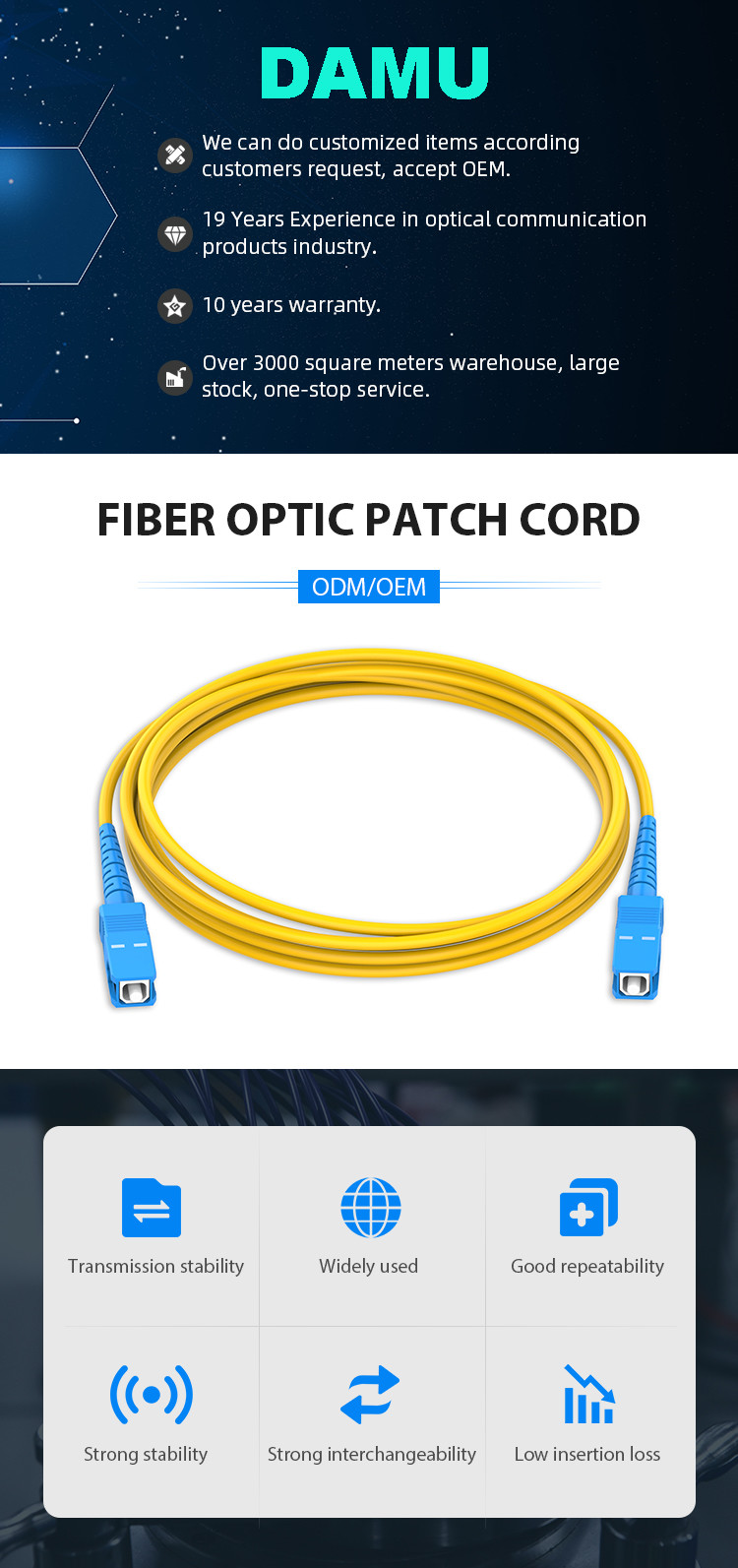 PVC LSZH SC SC UPC Fiber Optic Patch Cord Single Mode Simplex