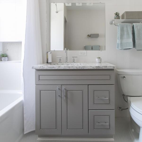 Antique European Red Oak Solid Wood Pale Grey Bathroom Vanity With Wash Hand Basin