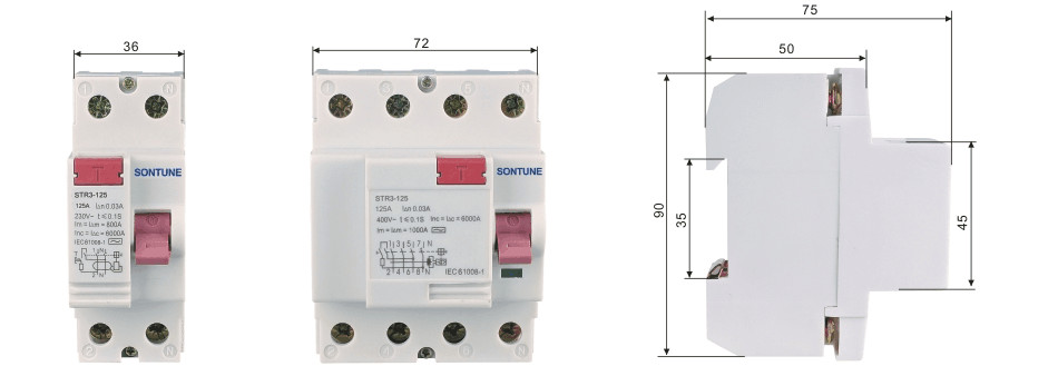 Din Rail STR3-125 series RCCB Residual Current Circuit Breaker Electronic 230 / 400V