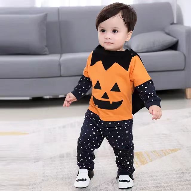 Kids Clothes Children Halloween Pumpkin Infant Bodysuit Jumpsuit Toddler Long Sleeve Pants Hat Cloak Set Baby Romper