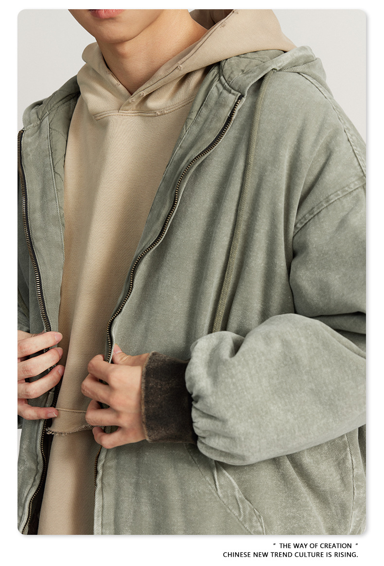 Custom Logo Winter Vintage Fashion Men's Oversized Quilted Cotton Hoodie Jacket Coat