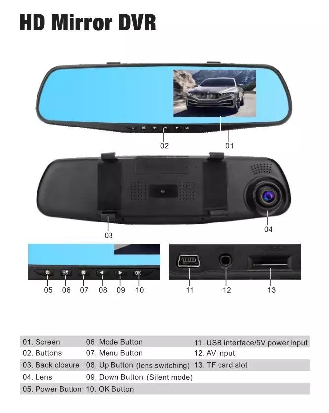 4.3 Inch Car DVR Camera Mirror Dash Cam Front And Rear 1080p