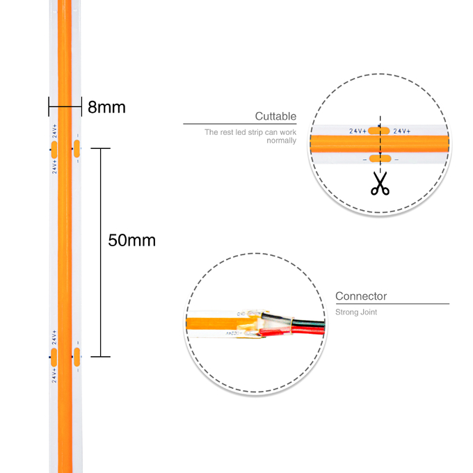 DC24V COB LED Strip Light COB LED Strip Lights 8mm Width Amber Color LED Strip