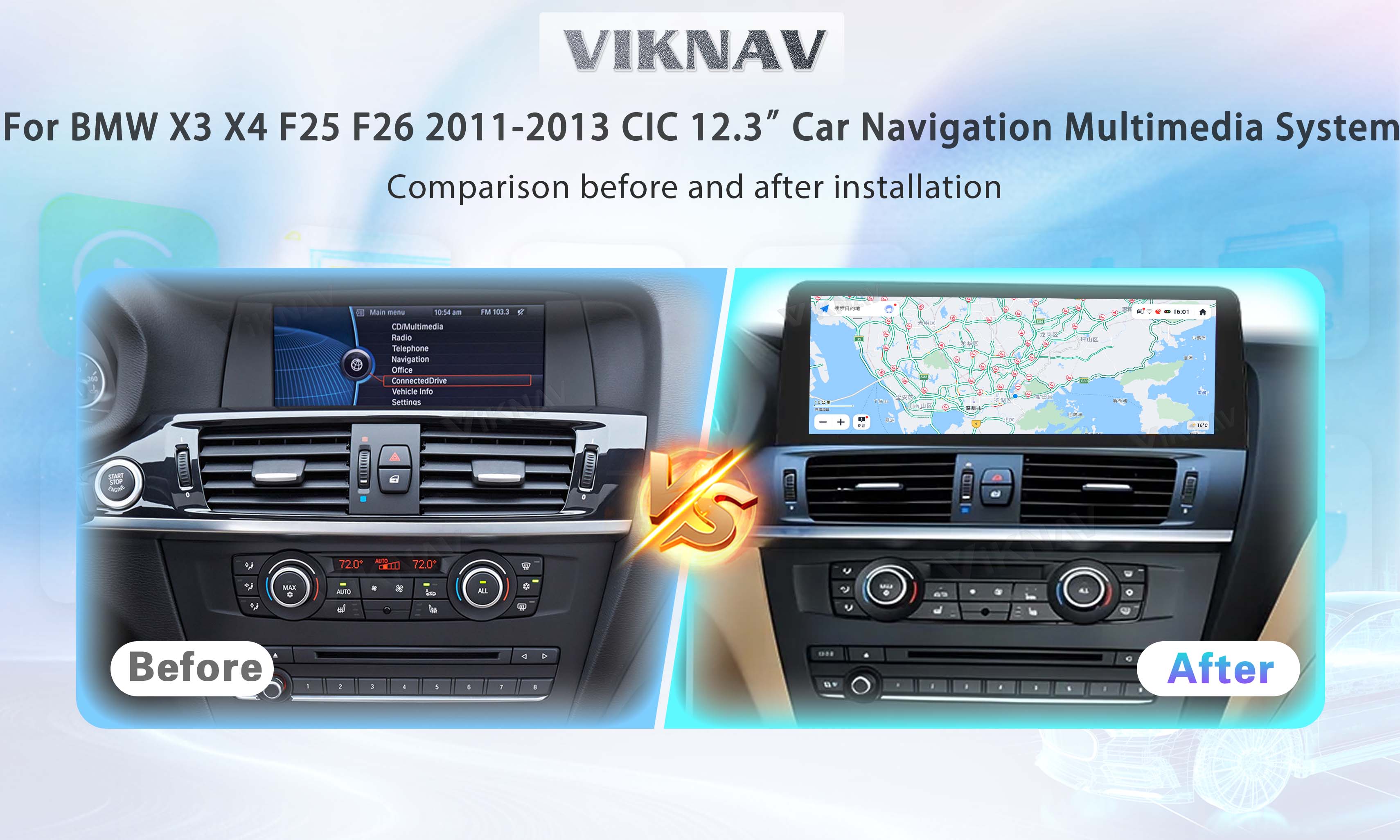 Viknav 12.3 inch Car Radio For BMW X3 X4 F25 F26 2011 2012 2013 CIC System Wireless Multimedia Player GPS Navigation And
