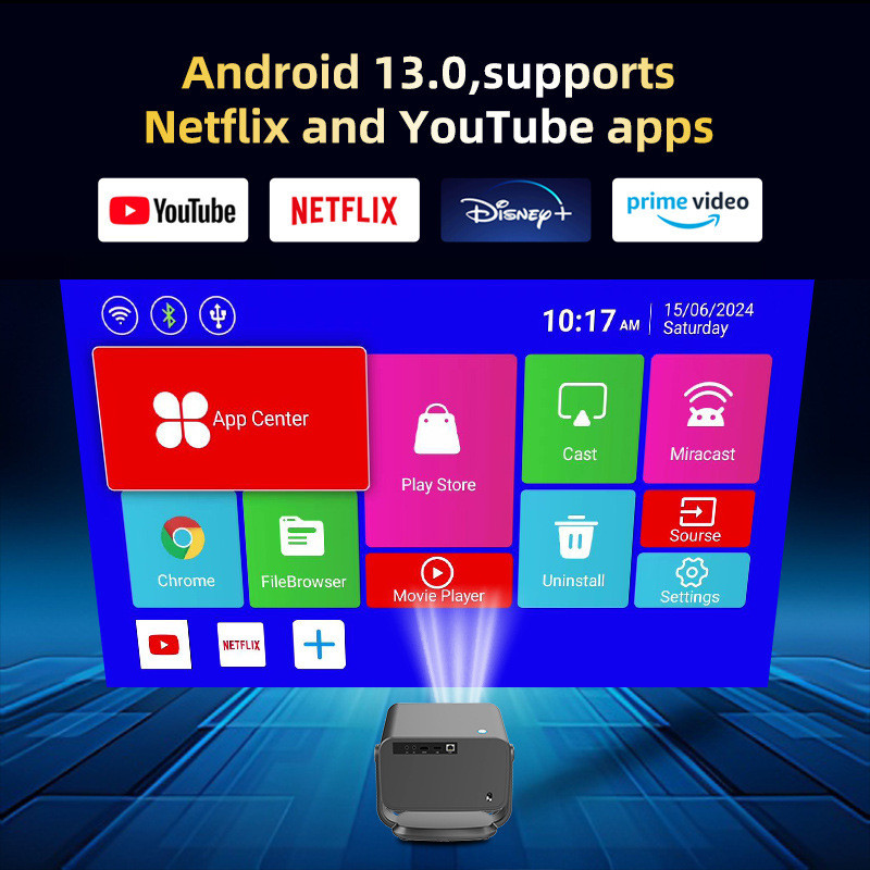 FLYIN P20 Pro 4K 350Lms 1080P Full HD Projector Auto Focus Lens LCD Lamp Android 13 Airplay Features Portable Home Theater Use