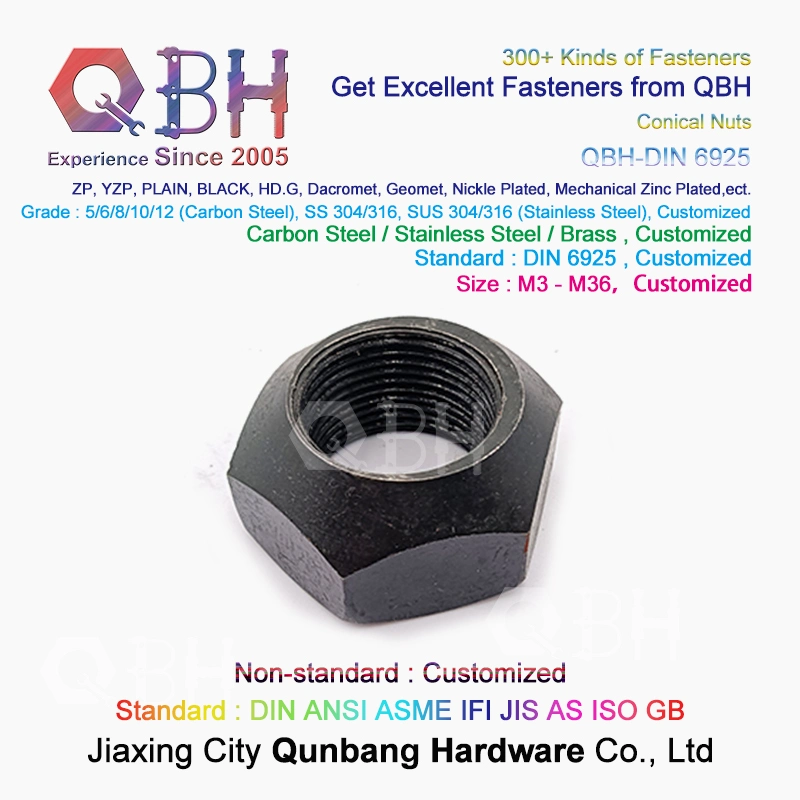 Qbh DIN6925 M3-M36 DIN 6925 Plain Black Yellow Blue Zinc Nickle Plated Hot DIP Galvanizing Dacr*Met Ge*Met Chrome Plating Wheel Hub Lock Hex Conical Nuts