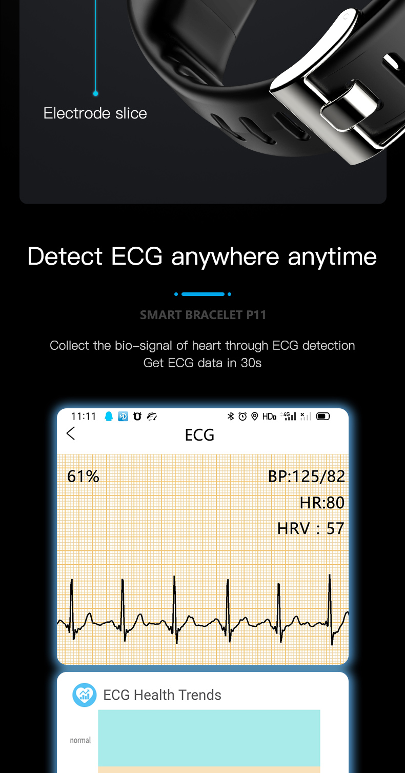 Detecting PPG ECG Temperature Bracelet IP67 Smart Bracelet Heart Rate Blood Pressure