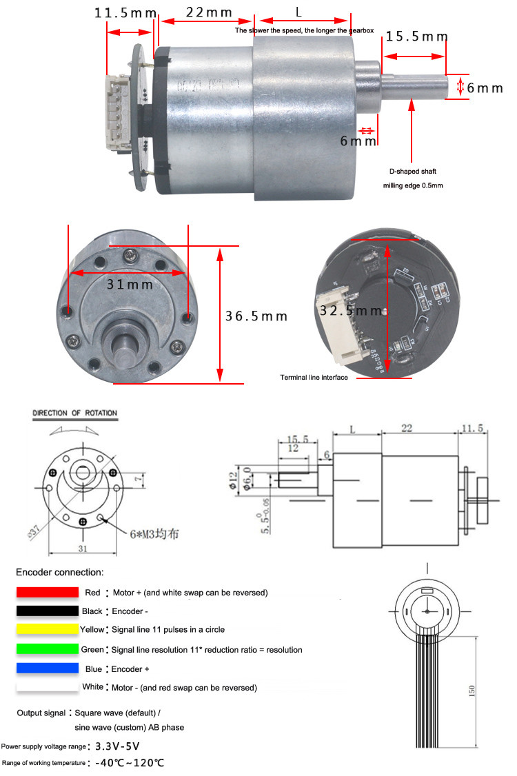 37mm Small DC Gear Motors 12V 24V micro gear motor with encoder