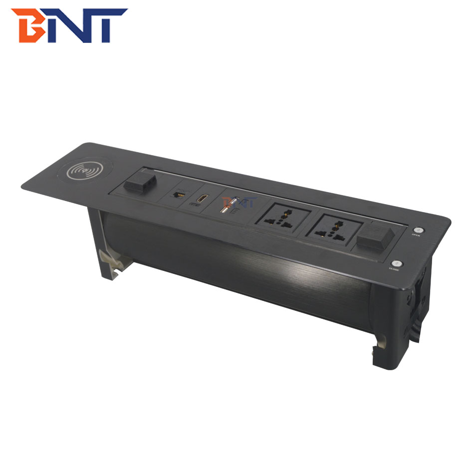 Multimedia electric flip up hidden table mount socket with wireless phone charger