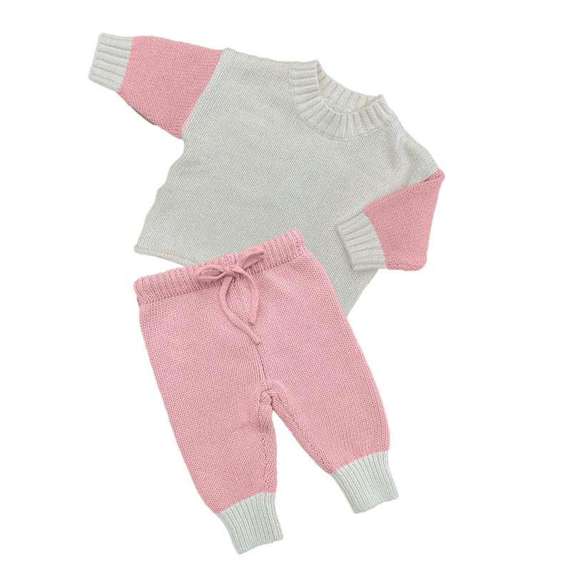 Custom Knitted 2 Piece Set 100% Cotton Baby Color Block Relaxed Fit With Drawstring Knit Pants Toddler Sleep Wear