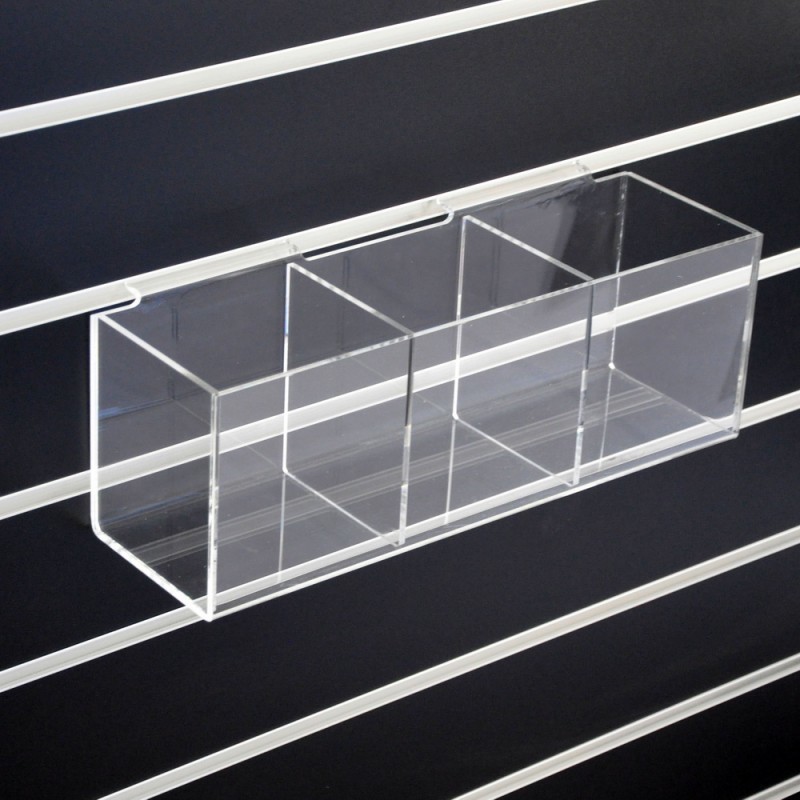 Wall Mounted Clear Slatwall Acrylic Display W/ 3 Boxes Perspex Bins