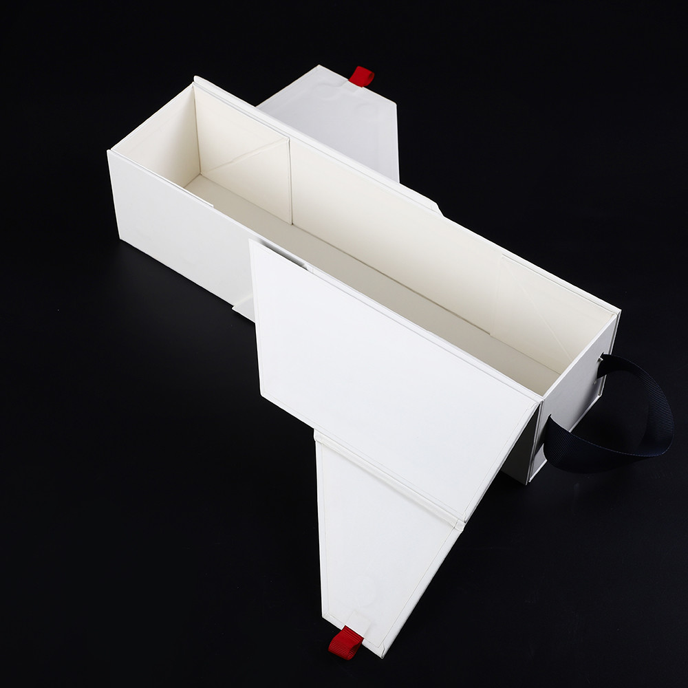 luxury irregular flat pack single bottle wine packaging cardboard box with grossgrain ribbon handle