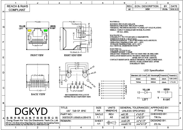 52F Single Port Network Socket 8P8C In-Line Connector With Light Without Transformer Modular Jack
