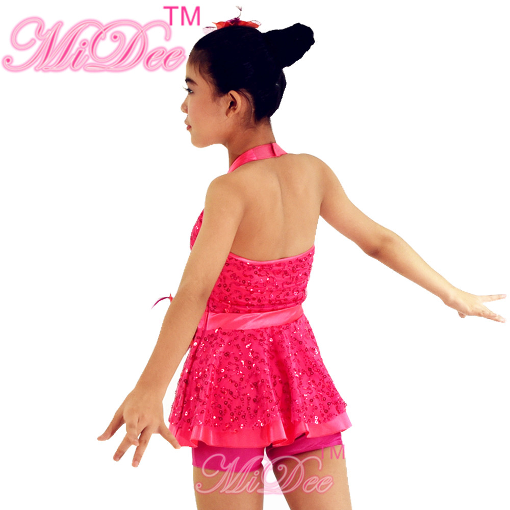 2 In 1 Pink Sleeveless Sequin Dress Leotard Girls Dance Costumes For Competition