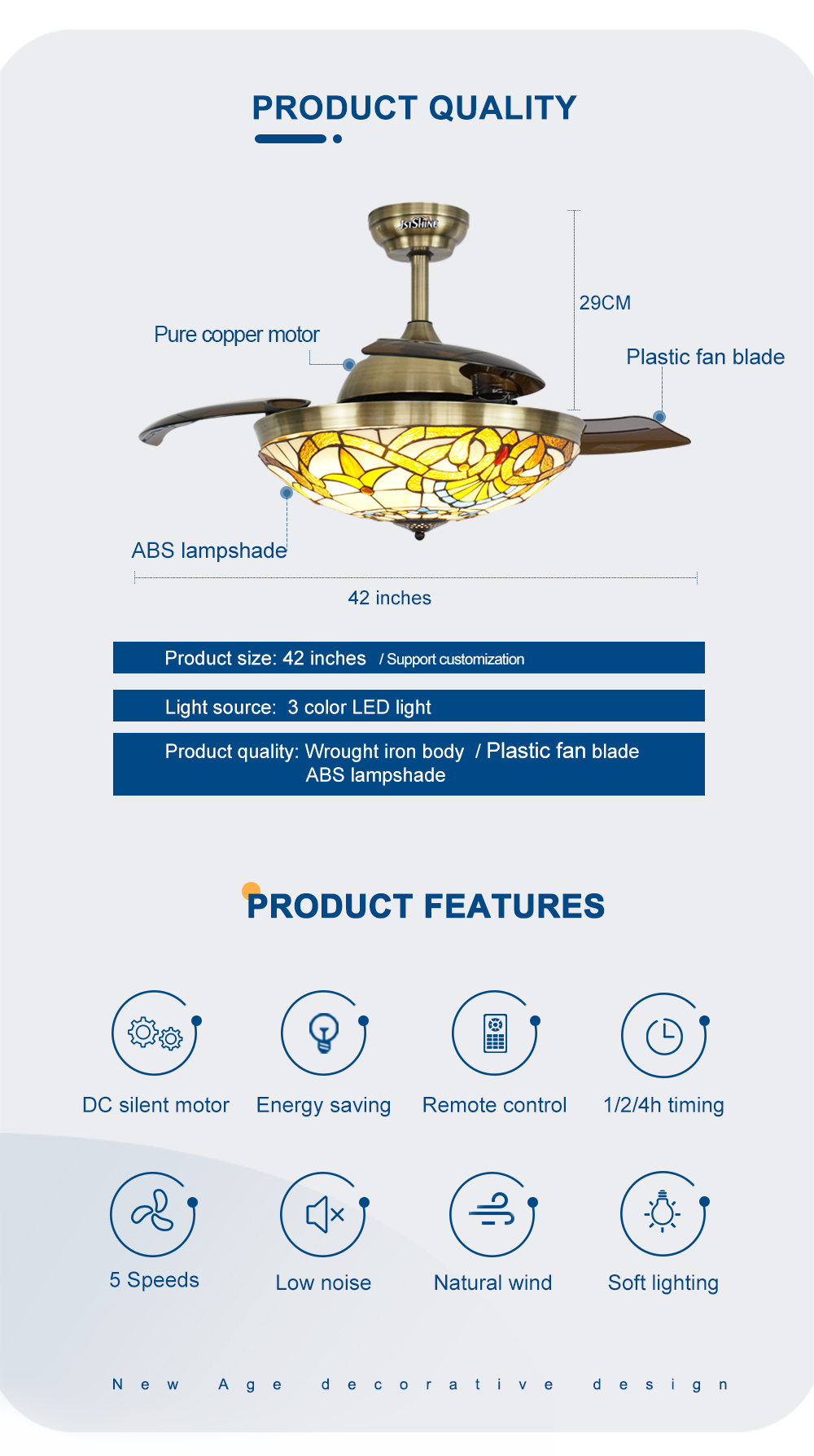 Midcentury Design 1stshine LED Ceiling Fan Remote Control and Hidden Blades 10 Year Motor