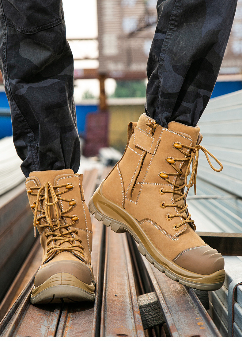 Security Work Boots Wheat Cowhide Safety Boots Rubber Sole Glass Fiber Toe Anti-smashing Kevlar Anti-proof Work Shoes