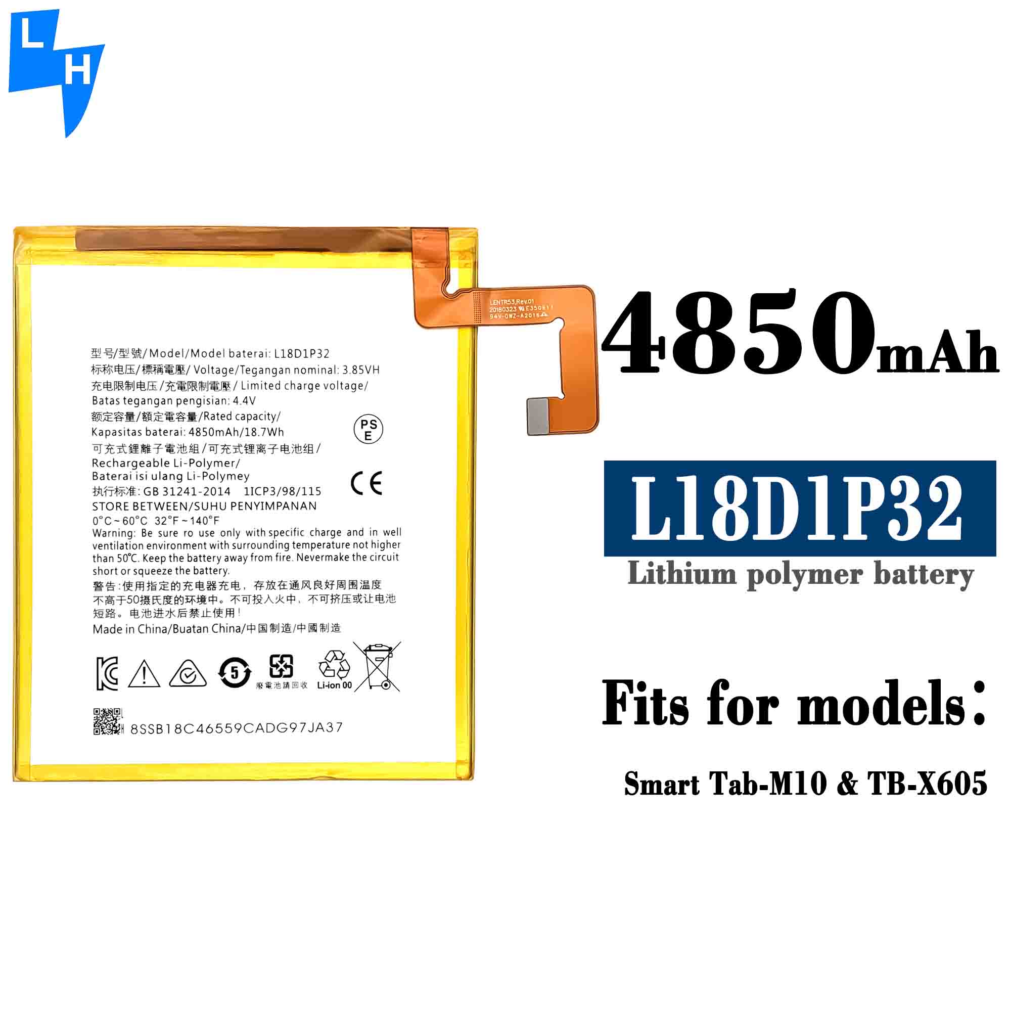 RECHARGABLE 4850mAh Tab battery for Lenovo Smart Tab-M10 battery TB-X605 L18D1P32 Replacement Battery