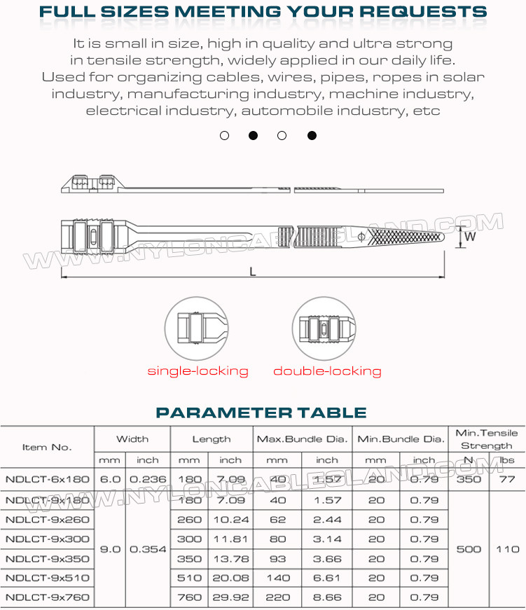 Double Locking Cable Ties/Double Flat-Head Cable Ties, Black, Nylon (PA) 6.6, 760x9mm, 110lbs, 500N, Ø20~220mm, Outdoor Use