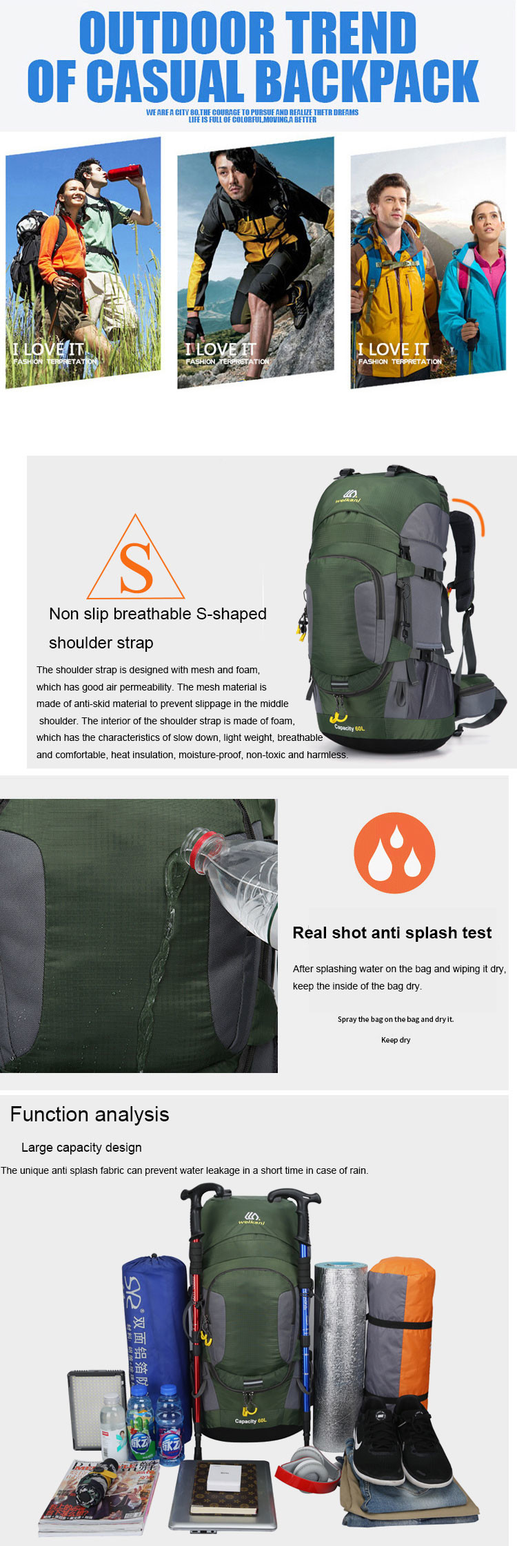60L Lightweight Waterproof Hiking Backpack 70cm Rainproof Backpacks