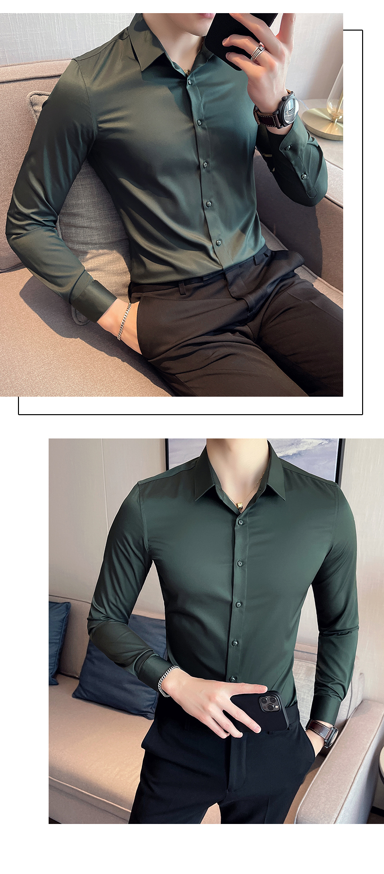 1000 Fashion Autumn Solid Color Long Sleeve Dress Men Clothes Shirts For Men Slim