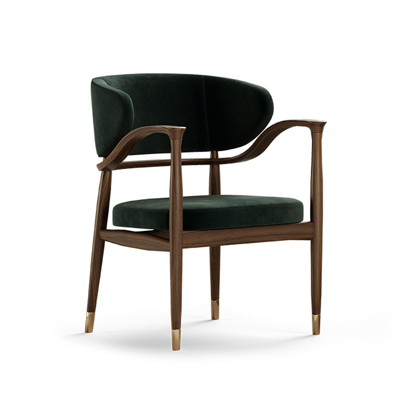 Skin Friendly Light Luxury Hotel Furniture Solid Wood Armrest Silky Velvet Dining Chair