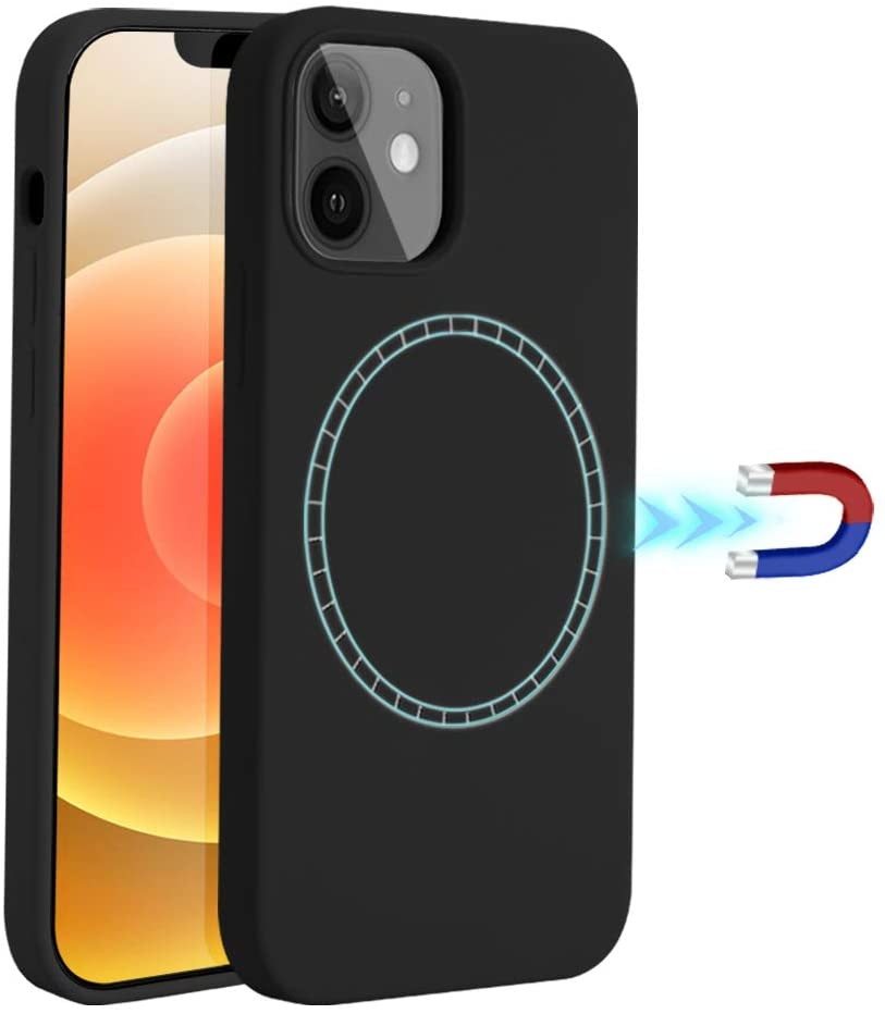 Full Protective Liquid Silicone Wireless Charger Case Built in Magnetic Ring (Supports MagSafe Wireless Charging) Black