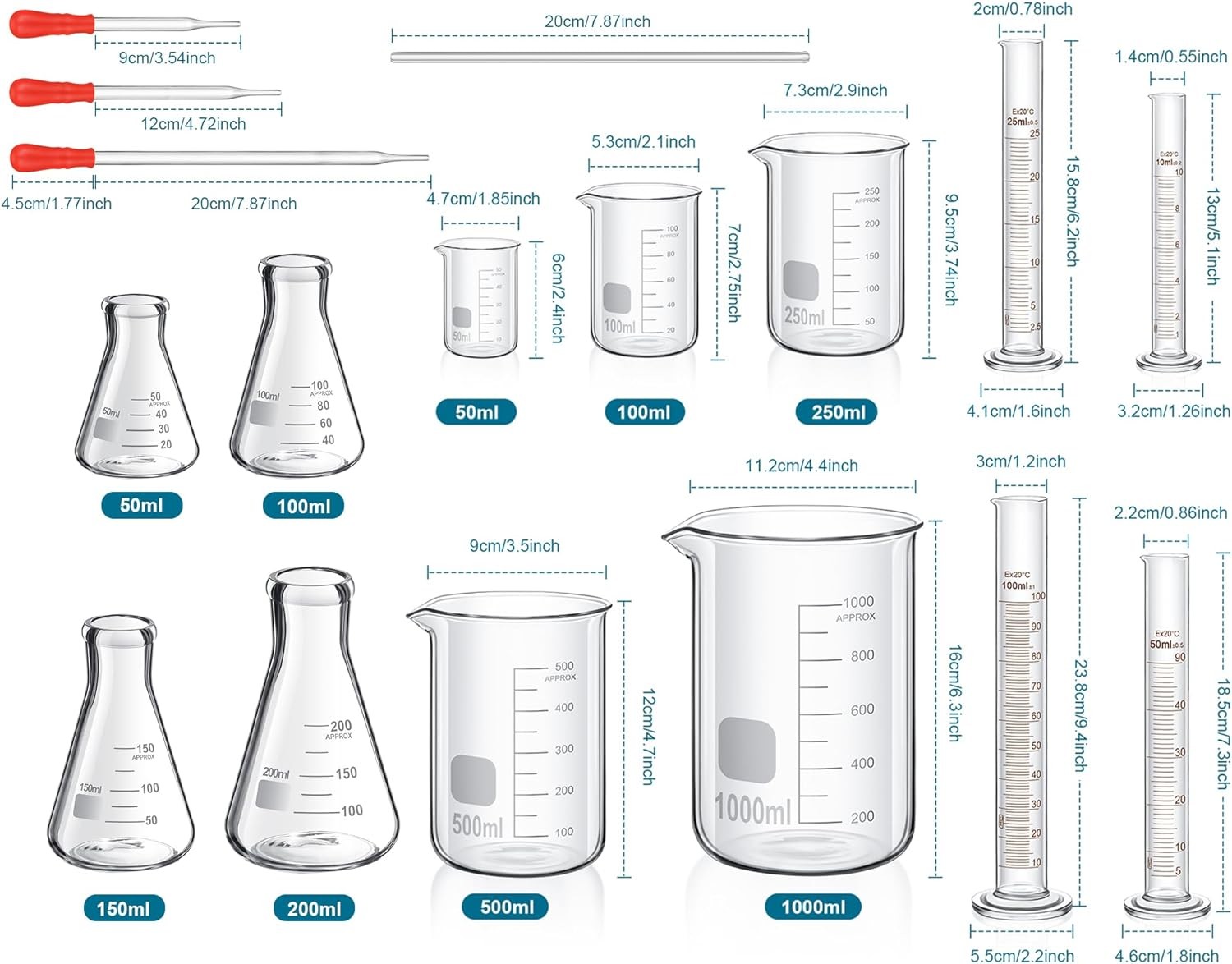 Lab Glassware Include 4 Graduated Cylinder Set, 4 Glass Beaker Set, 3 Glass Dropper, 4 Stirring Rod, 5 Measuring Cups